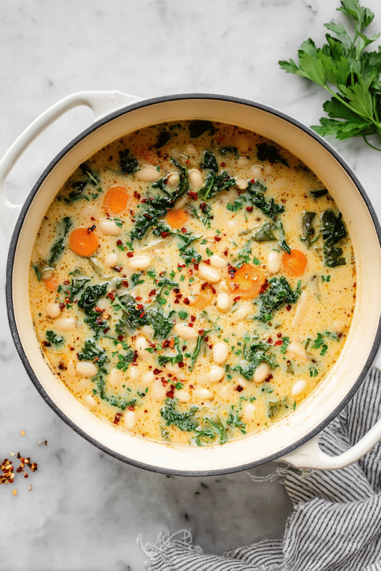 Creamy Tuscan white bean soup with carrots, kale, and herbs simmered in a flavorful broth for a cozy homemade meal
