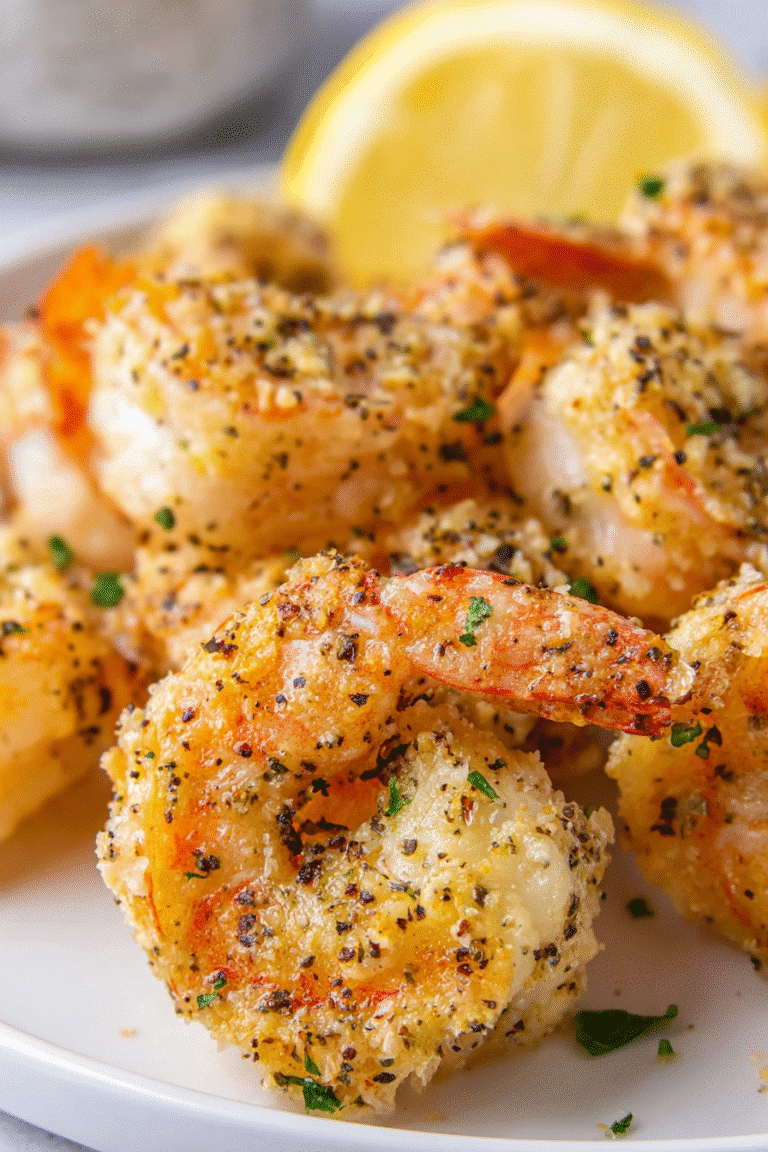Golden air fryer garlic parmesan shrimp with herbs and lemon wedge, crispy and full of flavor for quick weeknight meals.