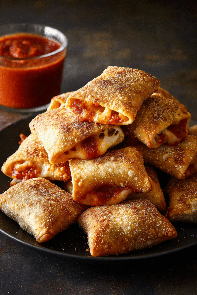 Golden crispy air fryer pizza rolls stuffed with melted cheese and marinara sauce, served hot with extra dipping sauce