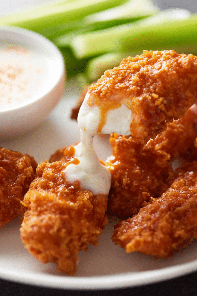 Crispy buffalo chicken tenders dipped in creamy ranch sauce, served with fresh celery sticks for the perfect spicy snack.