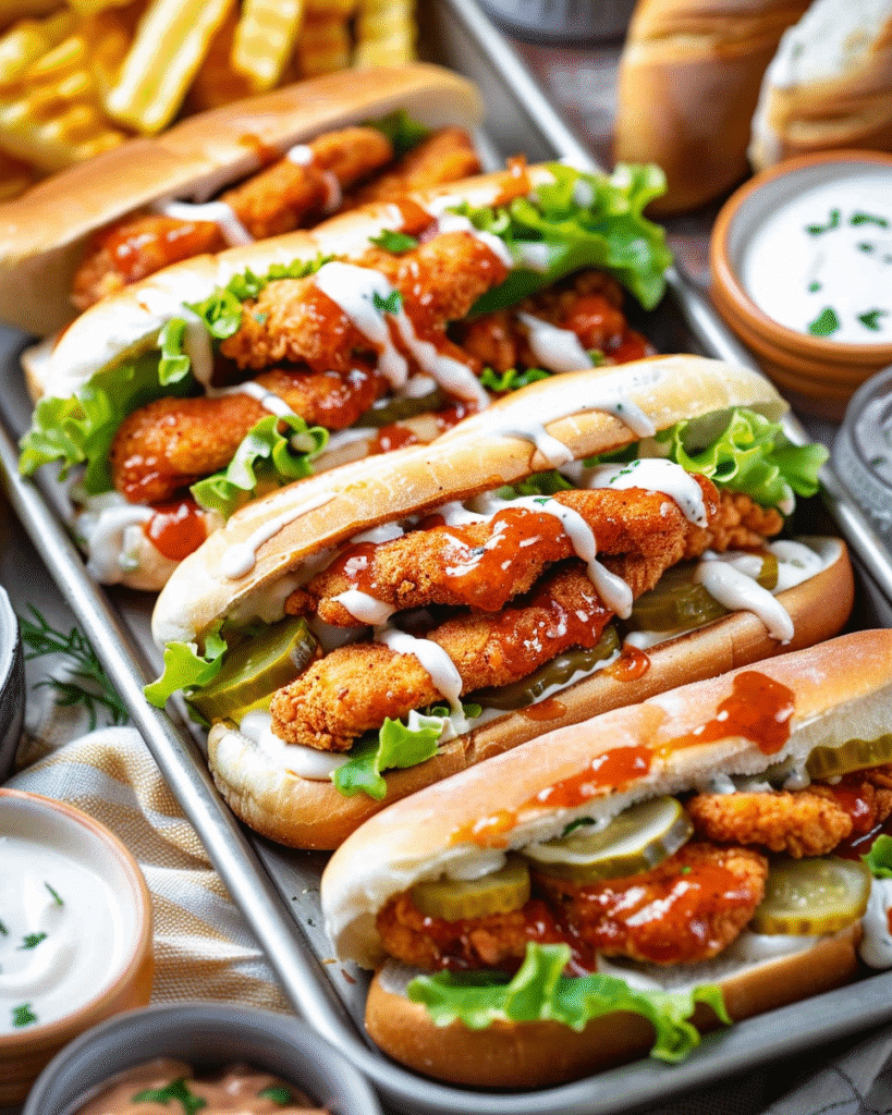 Crispy chicken tenders stacked in soft buns with lettuce, pickles, and drizzled spicy creamy sauce for bold flavor