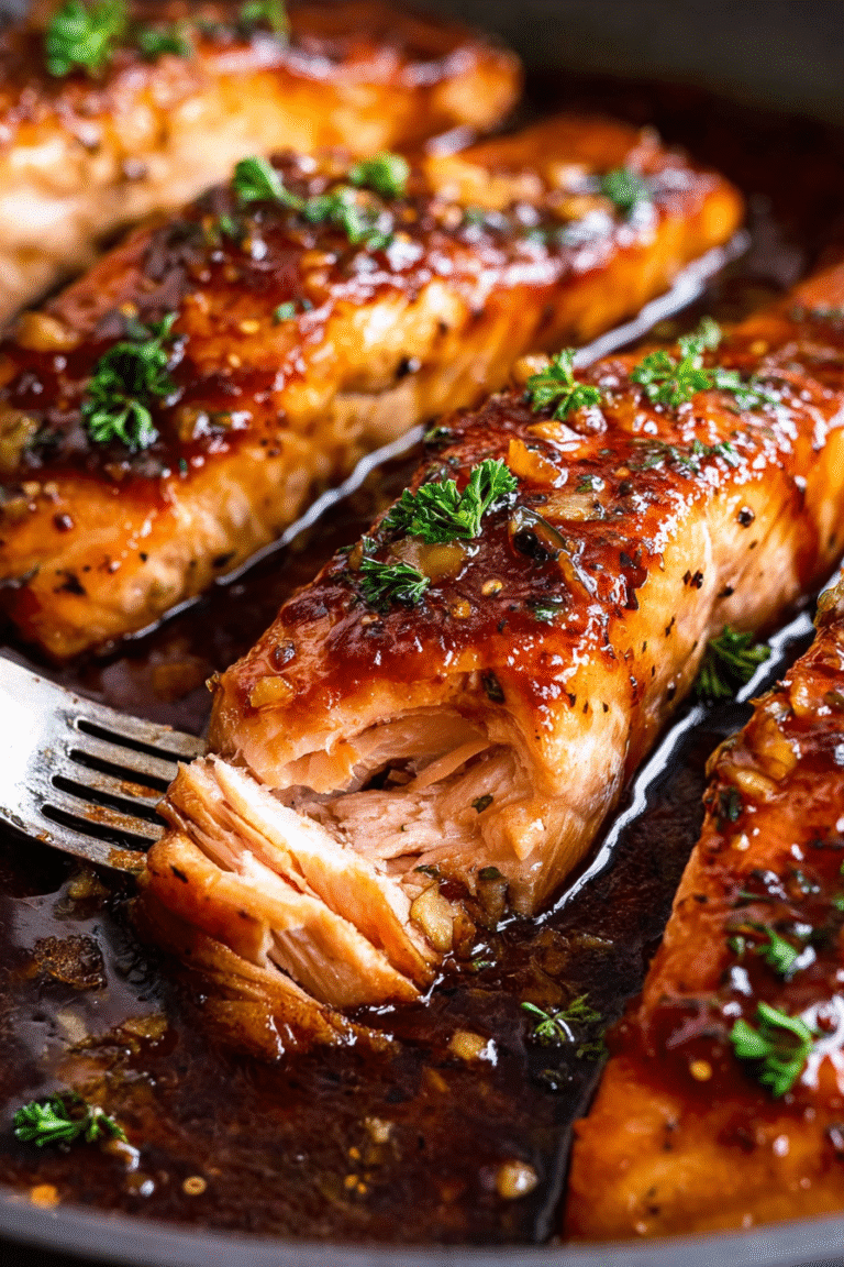 Crispy honey garlic glazed salmon fillets topped with herbs in a rich, sticky sauce, perfectly golden and tender