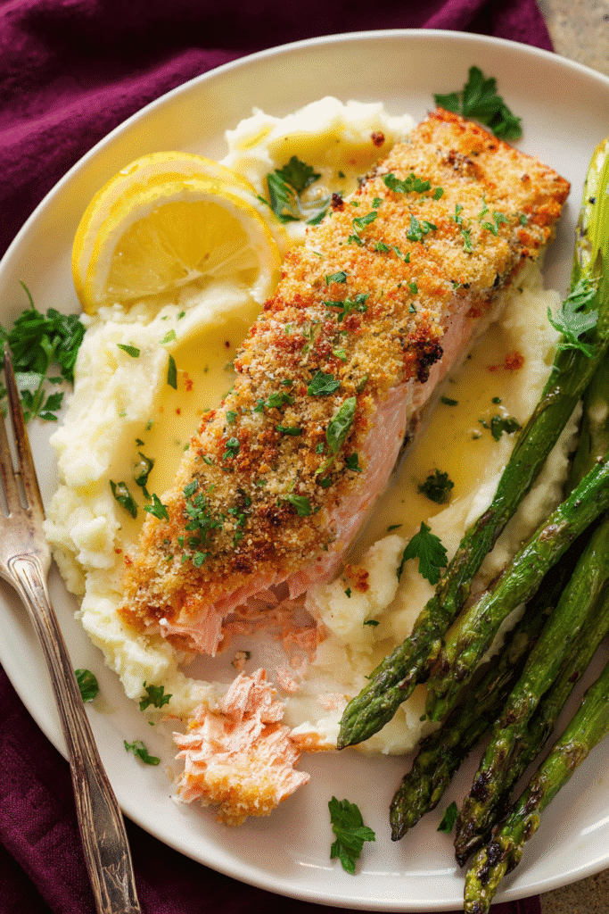 Crispy parmesan crusted baked salmon served with mashed potatoes, grilled asparagus, lemon slices, and butter sauce