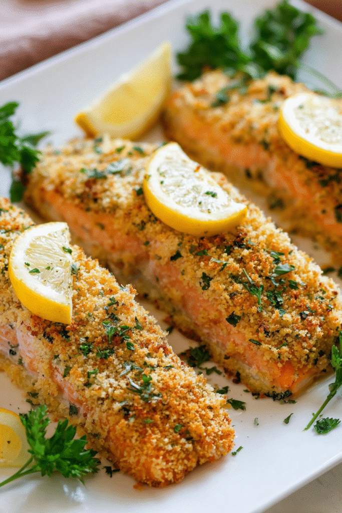Crispy parmesan crusted baked salmon fillets topped with fresh parsley and lemon slices on a white serving platter
