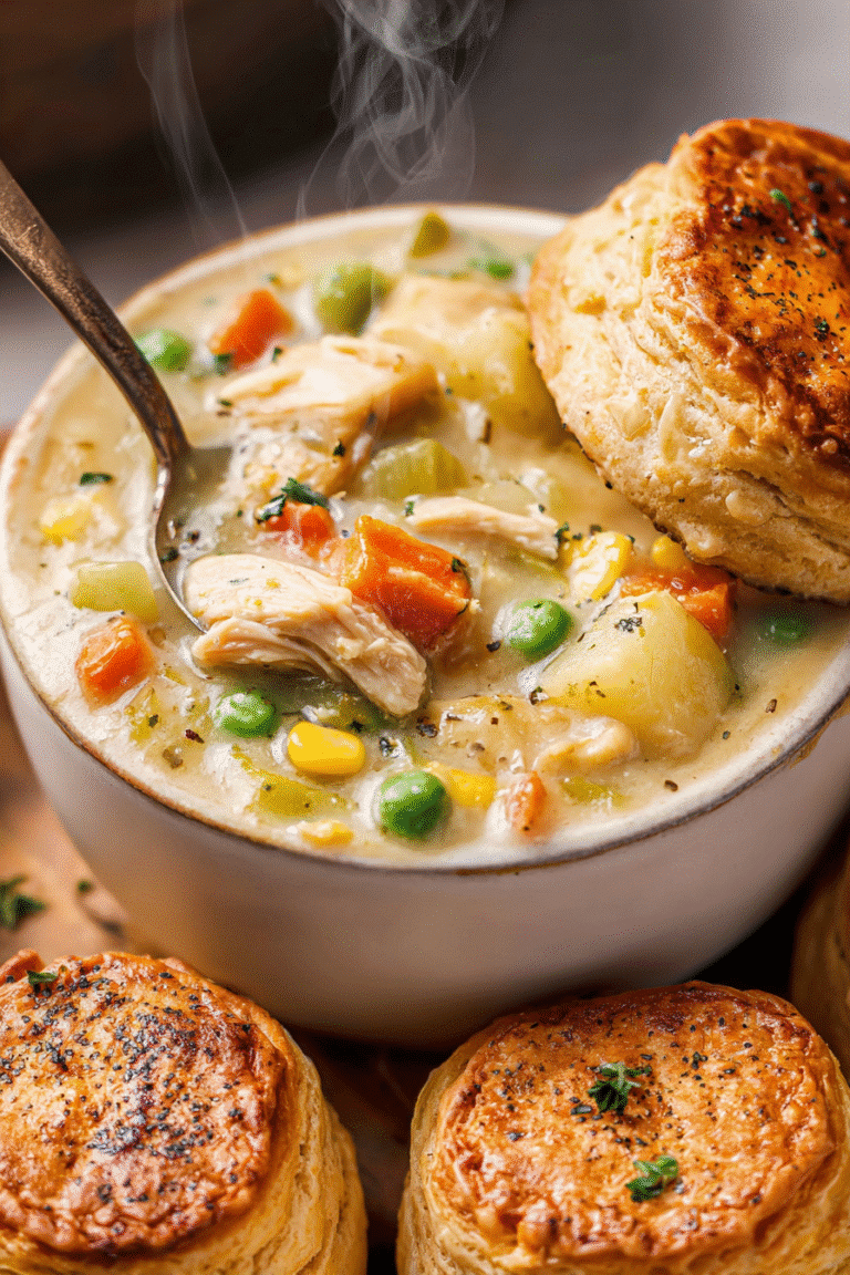 Creamy crockpot potato soup with chicken, peas, and carrots, topped with flaky biscuits for a cozy homemade dinner