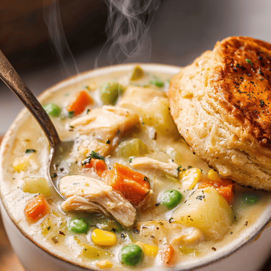 Creamy crockpot potato soup with chicken, peas, and carrots, topped with flaky biscuits for a cozy homemade dinner