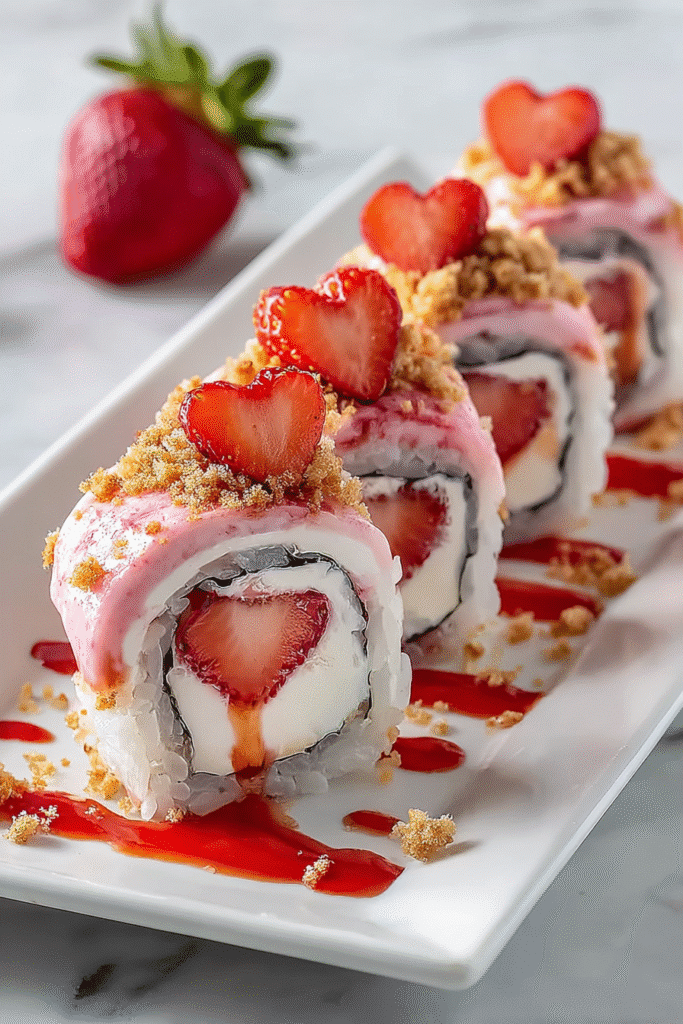 Strawberry shortcake sushi rolls with heart-shaped strawberries, cream filling, and sweet drizzle on a white plate