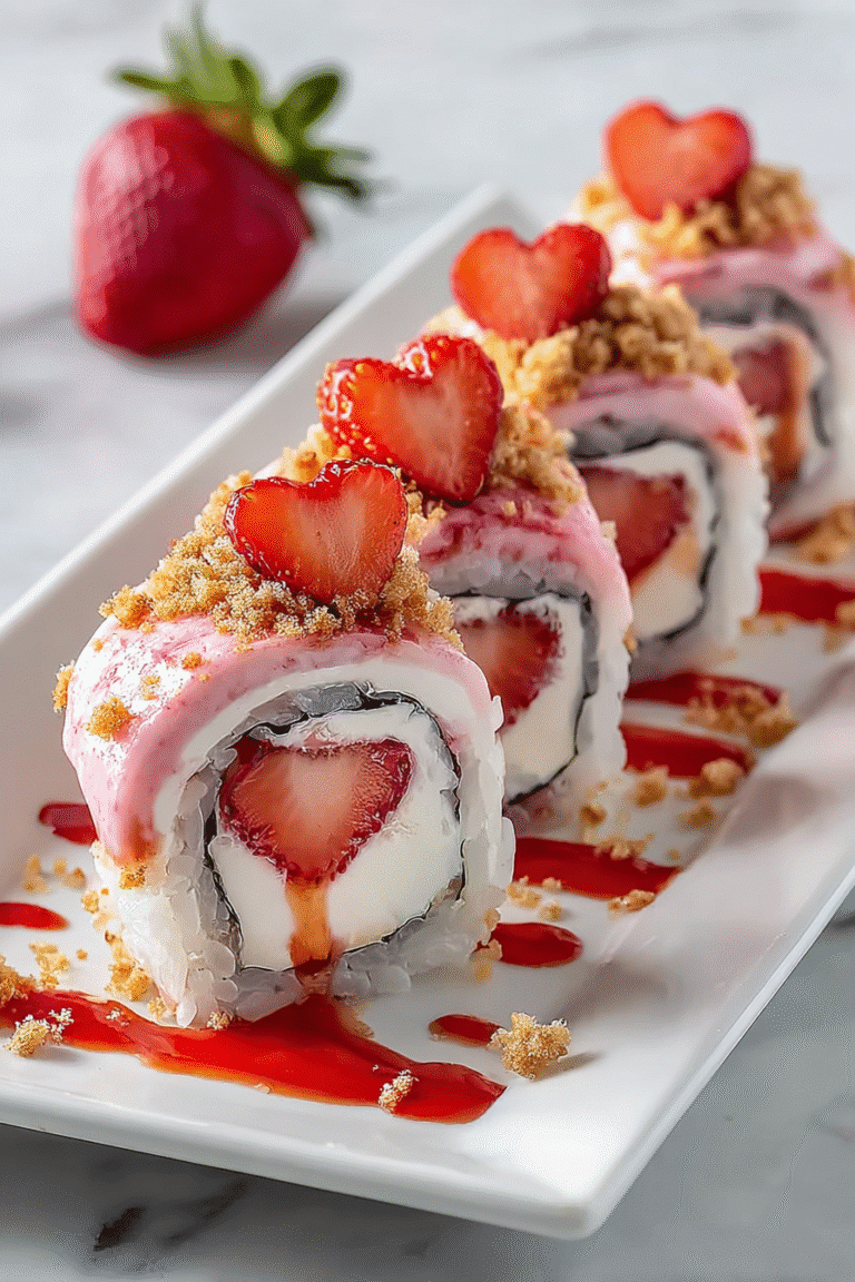 Strawberry shortcake sushi rolls with heart-shaped strawberries, cream filling, and sweet drizzle on a white plate