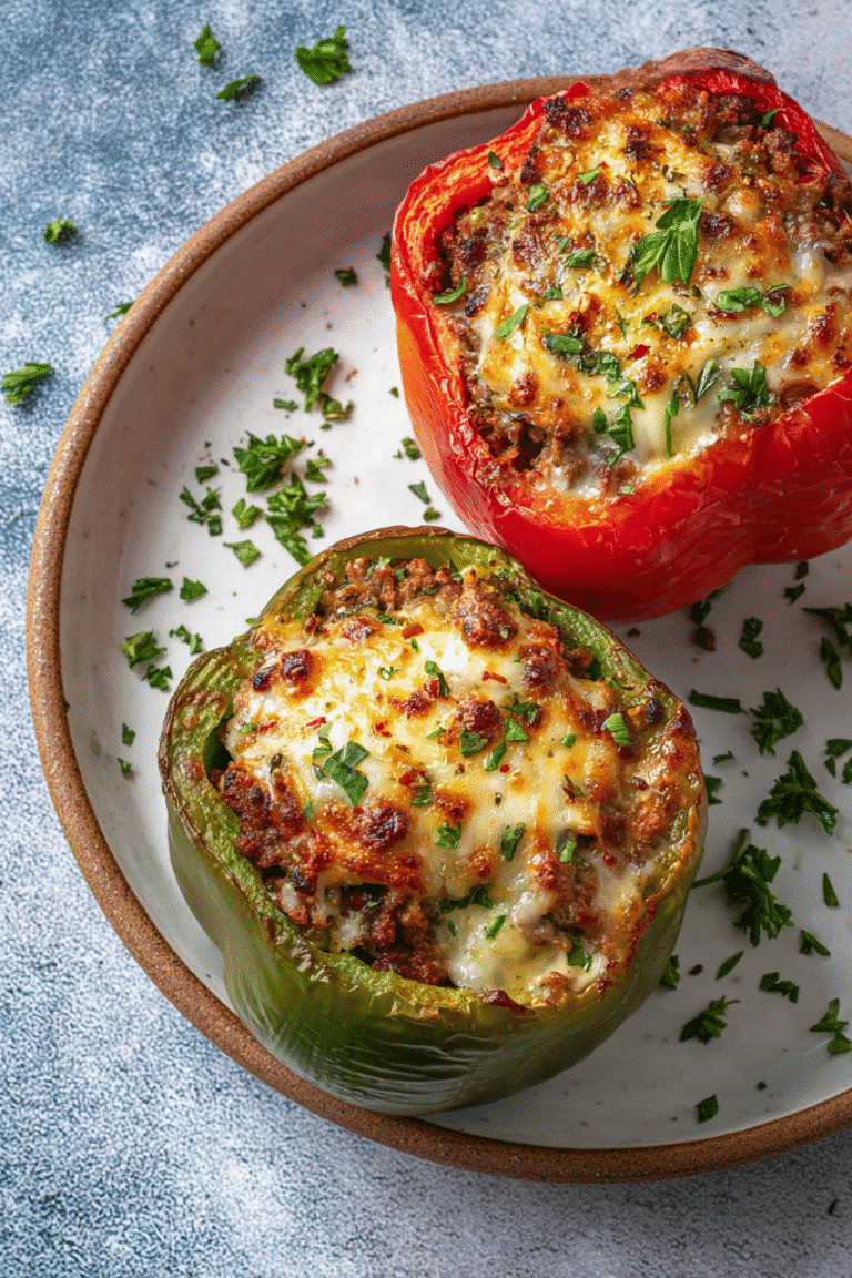 Baked stuffed bell peppers filled with seasoned beef, rice, and melted cheese, topped with parsley for a cozy homemade dinner