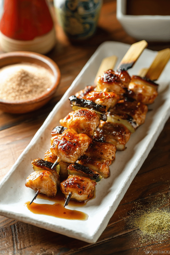 Grilled Japanese chicken yakitori skewers glazed with savory sauce on a white plate, served with sesame seasoning