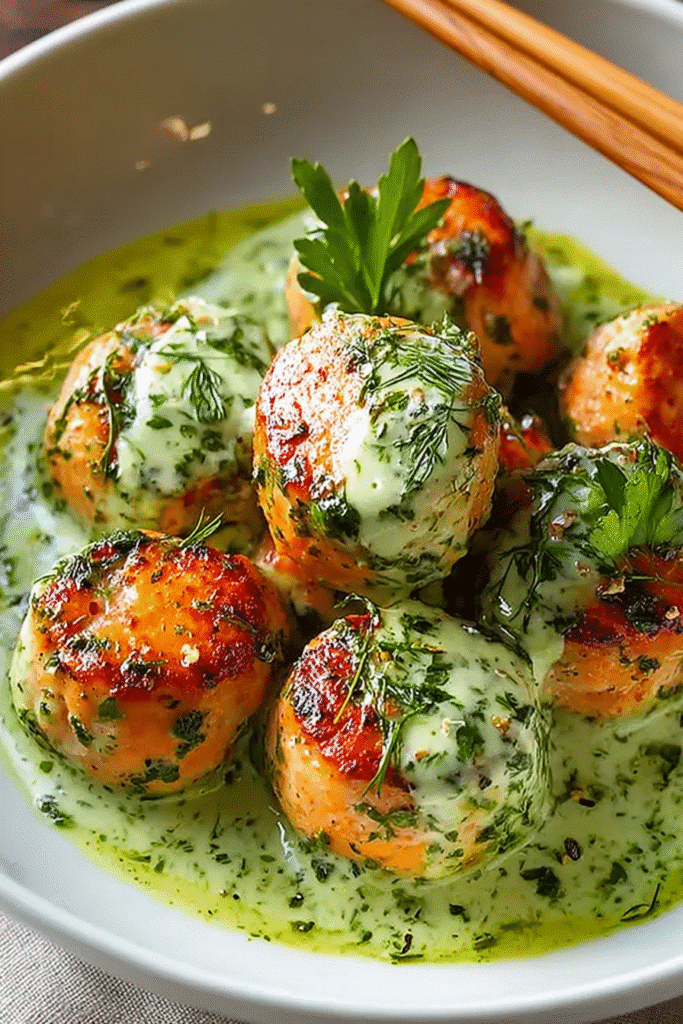 Juicy salmon balls covered in creamy avocado herb sauce and garnished with parsley, served in a white bowl