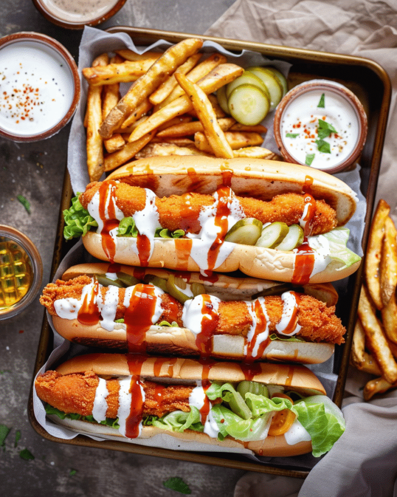 Crispy chicken buns drizzled with creamy sauce and spicy glaze, served with fries, pickles, and fresh lettuce