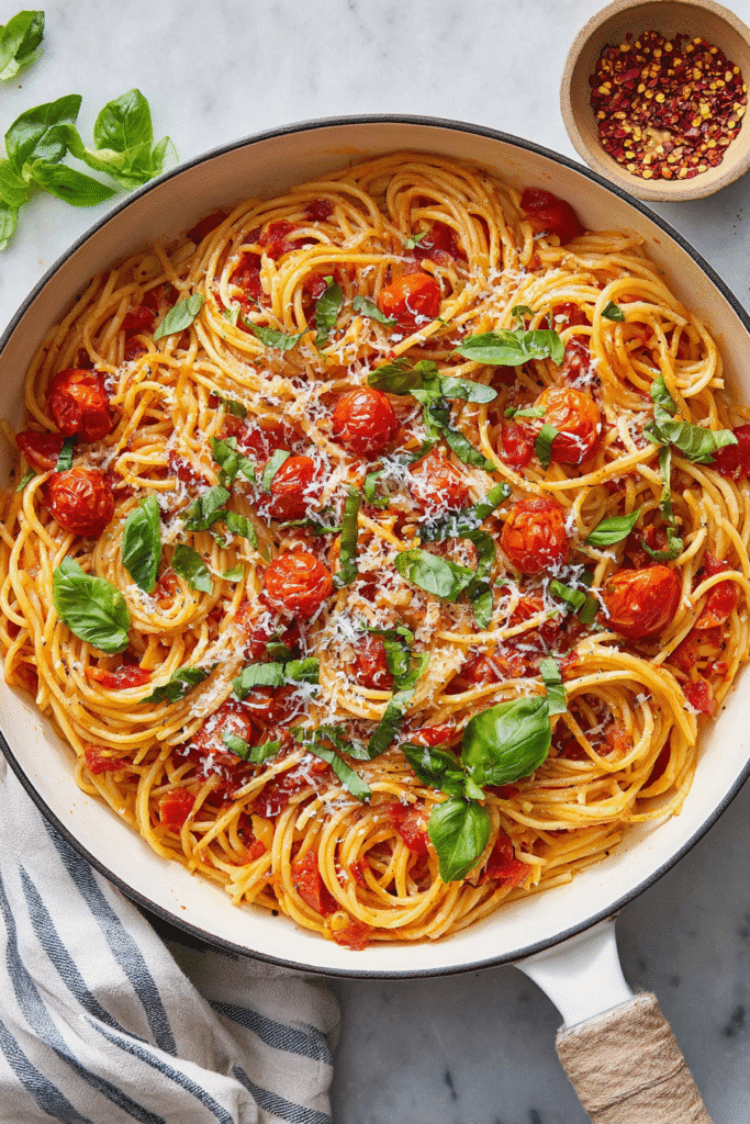 Spaghetti tossed with roasted cherry tomatoes, basil, and parmesan cheese in a light olive oil sauce, served hot