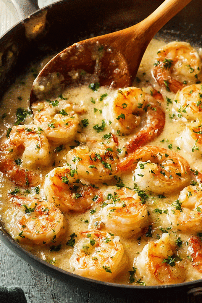 Creamy garlic shrimp simmered in a buttery sauce, garnished with fresh parsley for a rich and savory flavor.