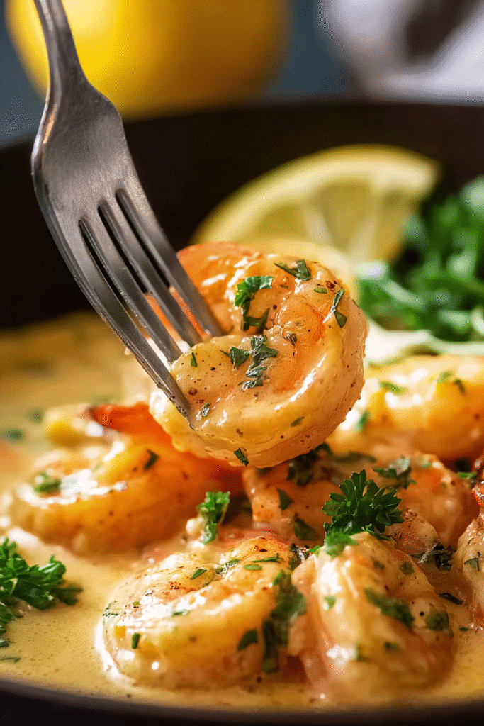 Juicy shrimp coated in creamy garlic sauce with parsley and lemon, served hot for a rich and flavorful meal.
