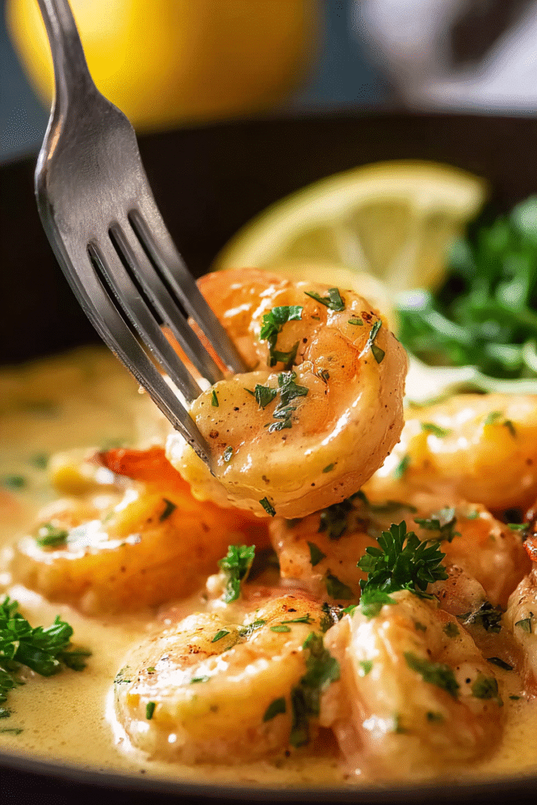 Juicy shrimp coated in creamy garlic sauce with parsley and lemon, served hot for a rich and flavorful meal.