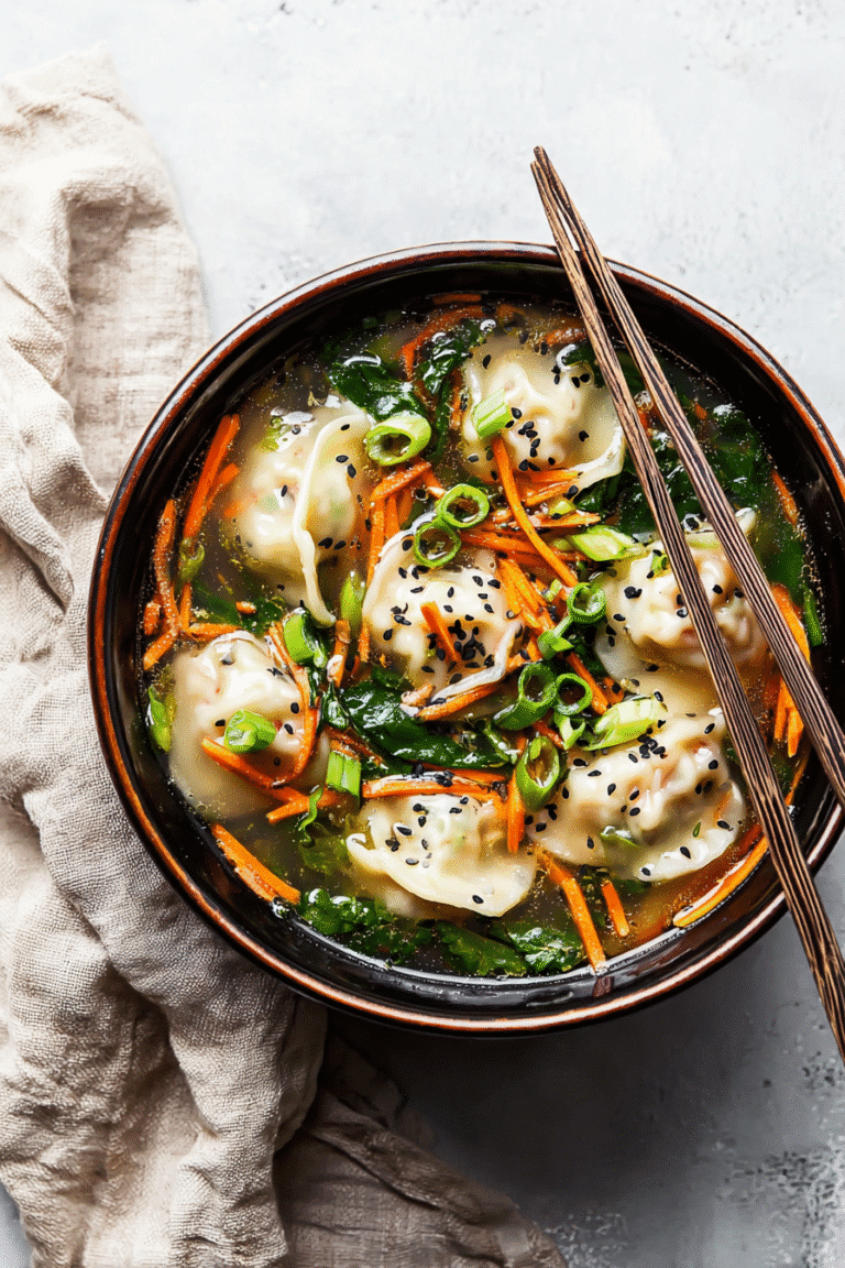 Bowl of easy dumpling soup with vegetables, sesame seeds, and chopsticks on a light background for cozy comfort