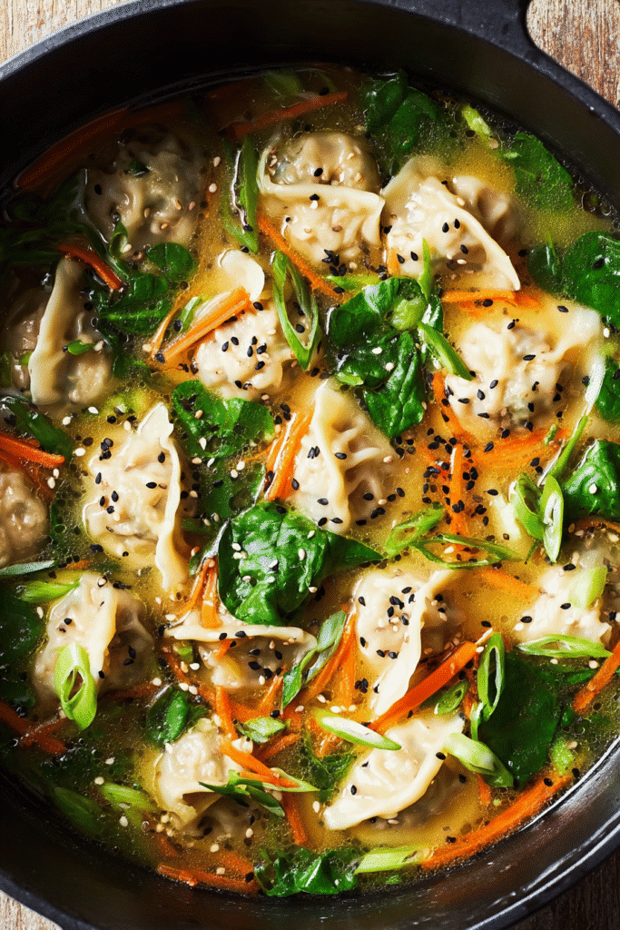Easy dumpling soup with tender dumplings, spinach, carrots, and sesame seeds in a flavorful golden broth