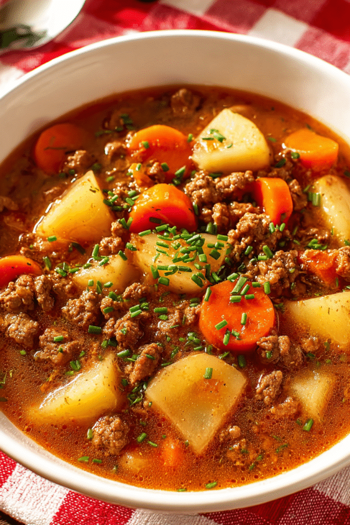 Hearty ground beef stew with tender potatoes, carrots, and savory broth served warm for a cozy and satisfying dinner