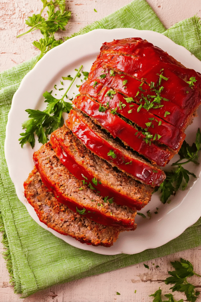 Sliced easy meatloaf topped with tomato glaze and fresh parsley served on a white plate with a green napkin underneath