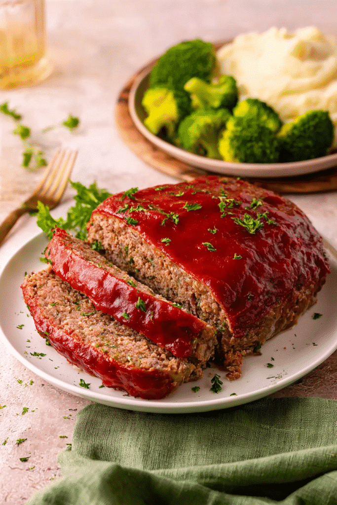 Moist easy meatloaf with a shiny tomato glaze served on a white plate with mashed potatoes and steamed broccoli