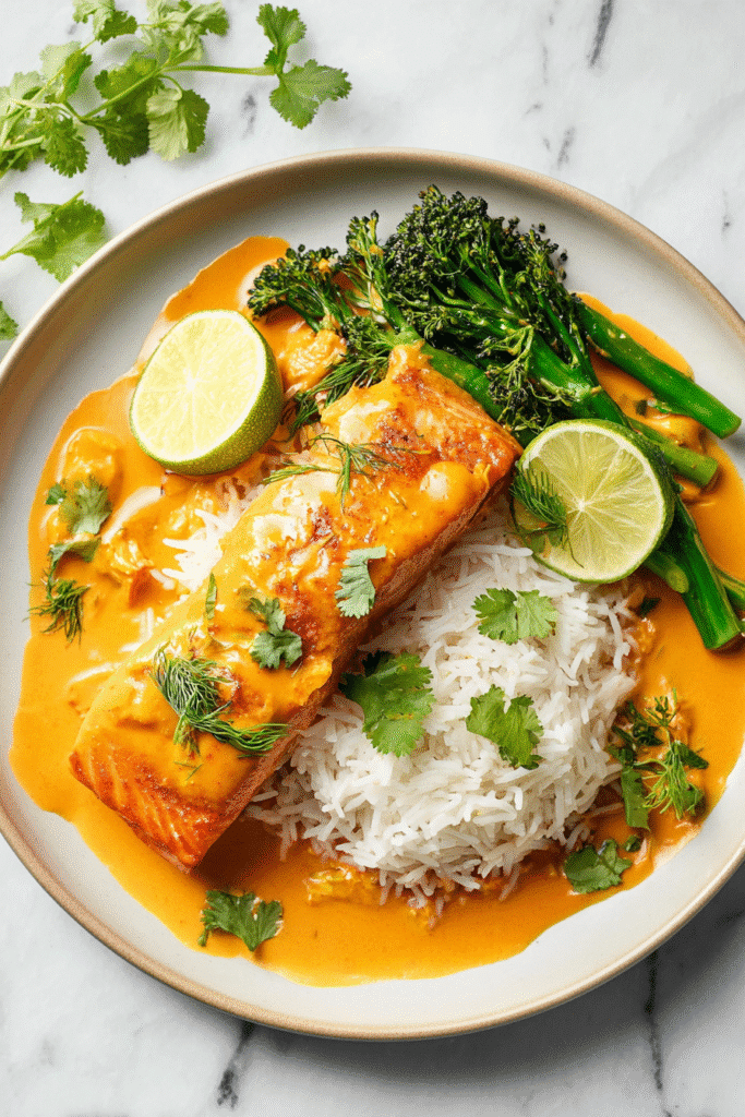 Salmon coconut curry served with jasmine rice, broccolini, lime slices, and creamy golden curry sauce on a plate