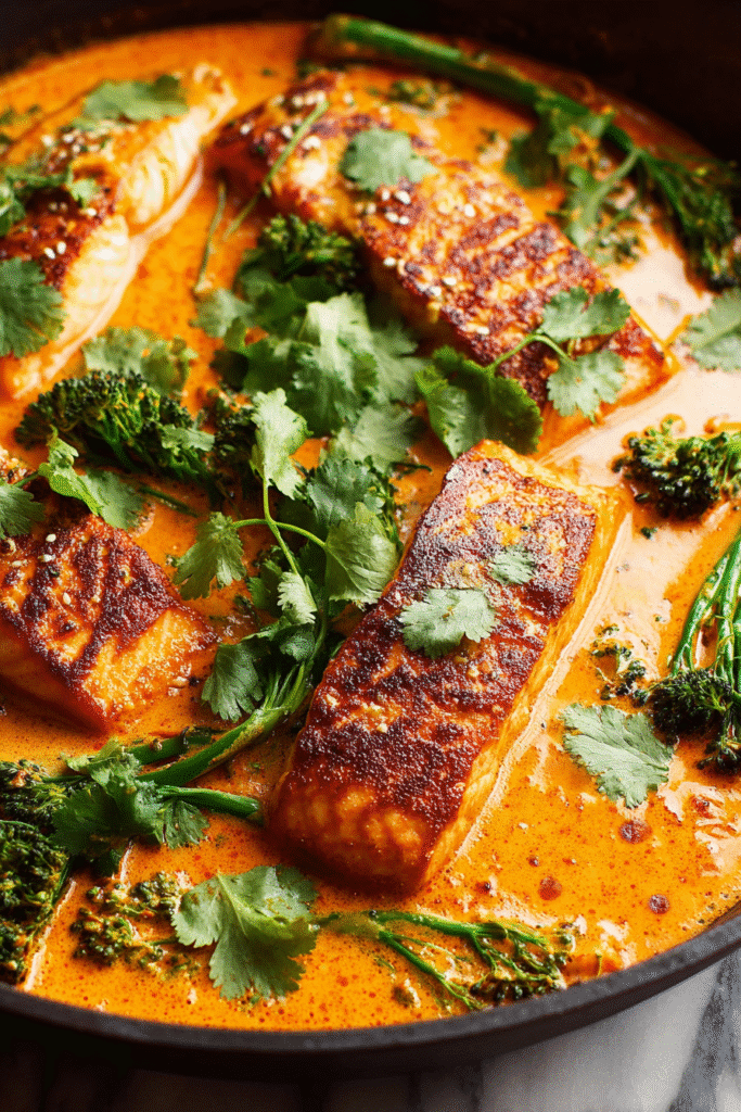 Pan-seared salmon simmered in creamy coconut curry sauce with broccolini, fresh cilantro, and sesame seeds