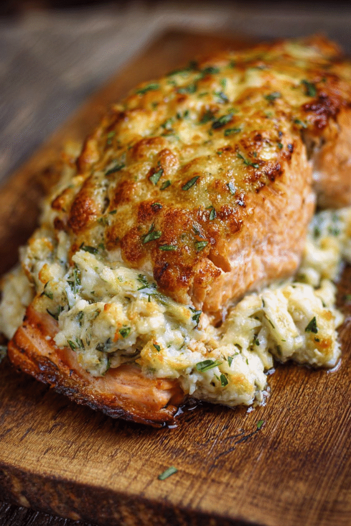 Baked salmon stuffed with creamy crab and shrimp filling, topped with herbs and melted cheese for an elegant dinner.