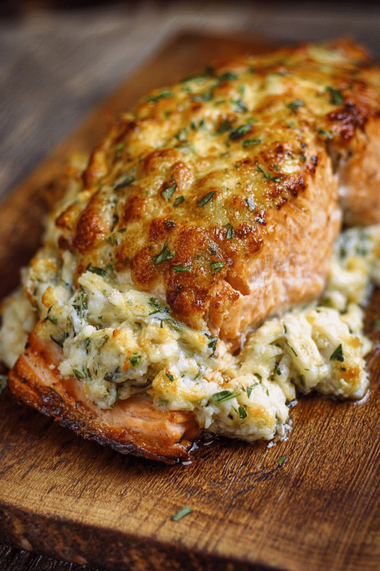 Baked salmon stuffed with creamy crab and shrimp filling, topped with herbs and melted cheese for an elegant dinner.