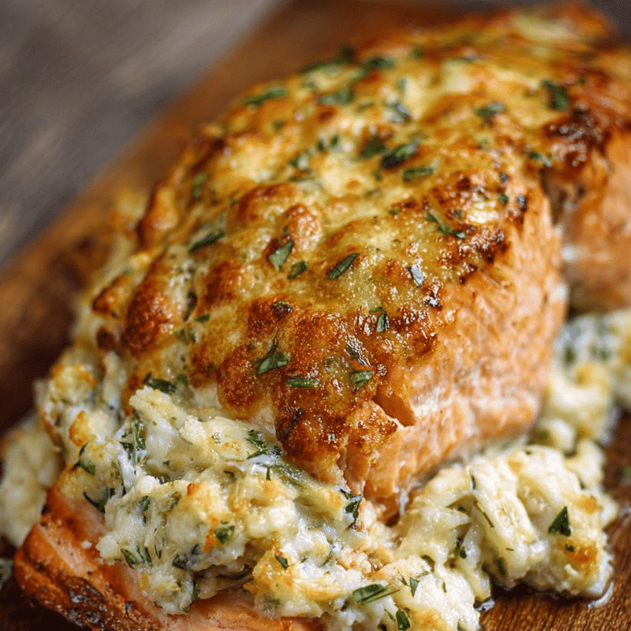 Baked salmon stuffed with creamy crab and shrimp filling, topped with herbs and melted cheese for an elegant dinner.