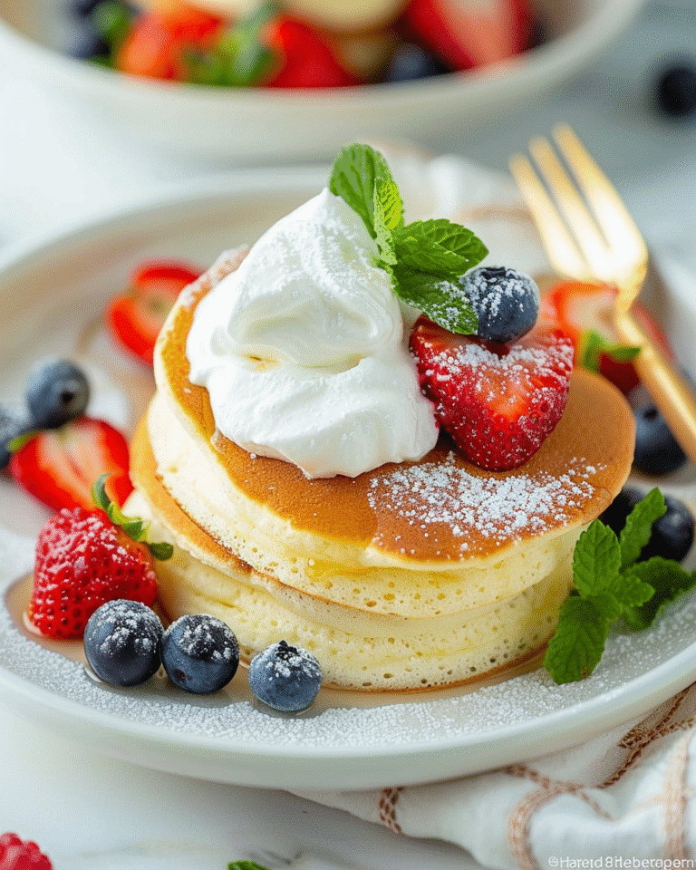 Fluffy Japanese soufflé pancakes topped with whipped cream, strawberries, blueberries, and mint on a white plate