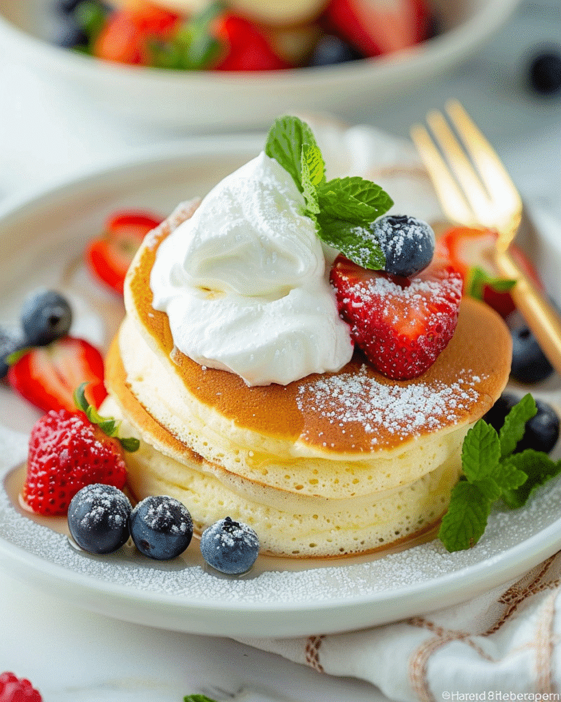 Fluffy Japanese soufflé pancakes topped with whipped cream, strawberries, blueberries, and mint on a white plate