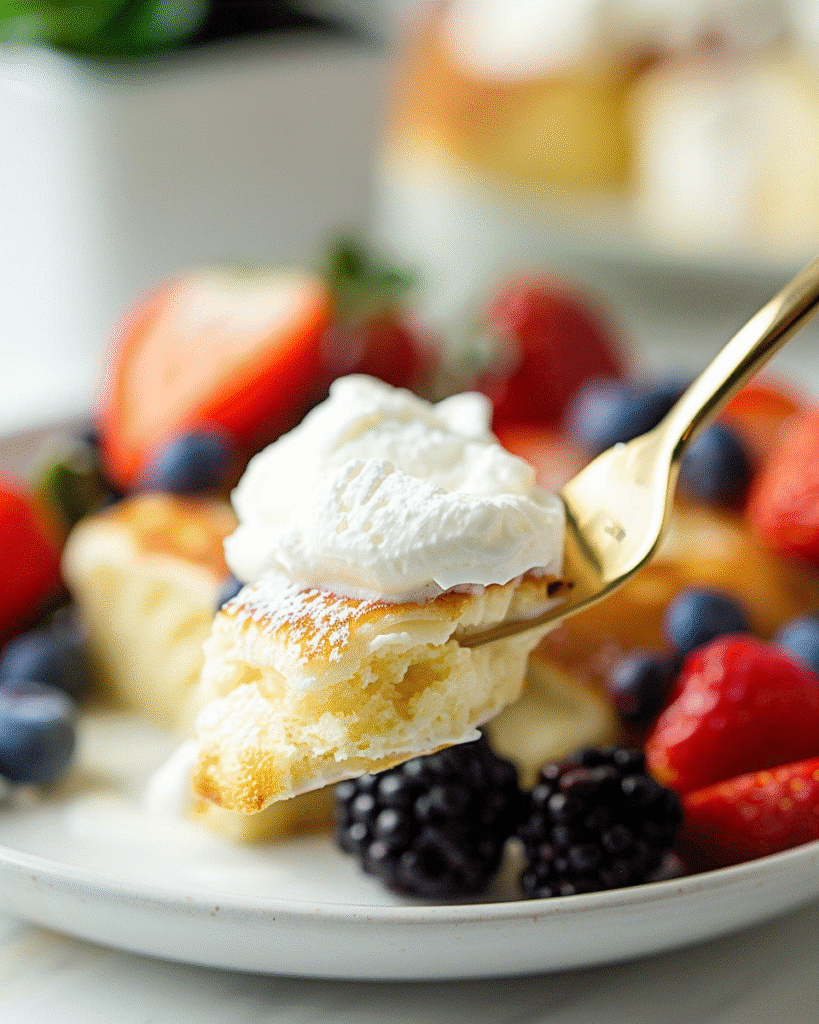 Fluffy Japanese soufflé pancake topped with whipped cream and fresh berries on a plate for a light, airy breakfast
