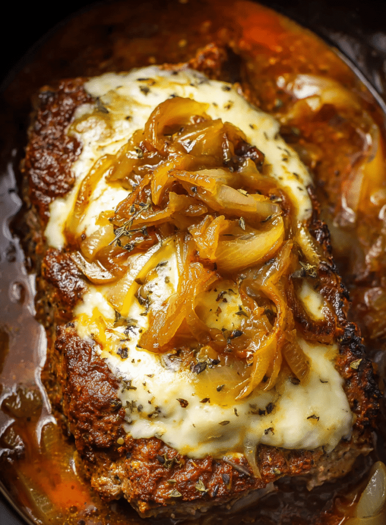 Juicy French onion meatloaf topped with caramelized onions and melted cheese in rich brown gravy for a comforting meal