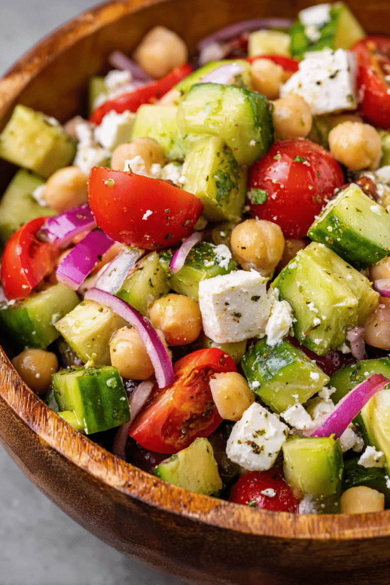 Close-up of chickpea feta avocado salad with cucumber, tomato, and red onion tossed in a light lemon dressing