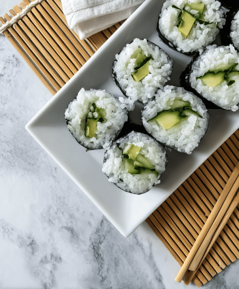 Cucumber and avocado sushi rolls neatly arranged on a white plate with bamboo mat and chopsticks on marble background