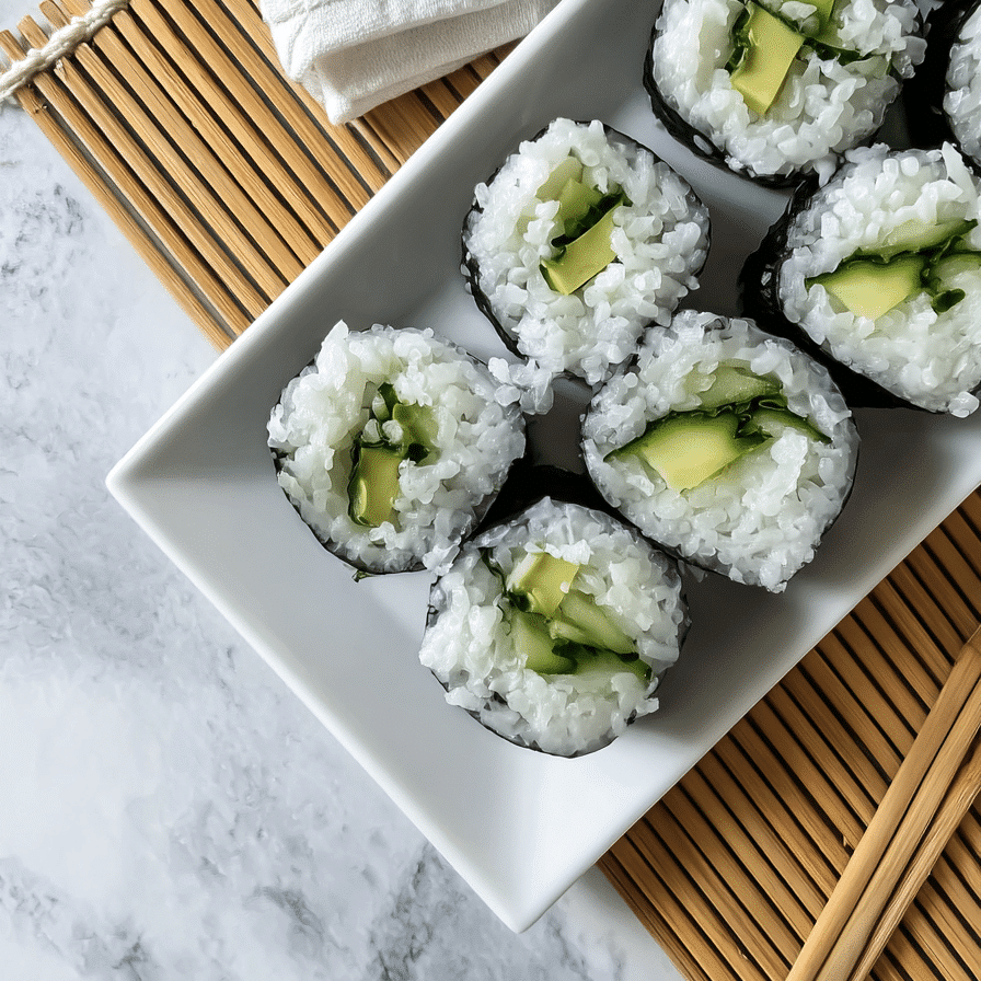 Cucumber and avocado sushi rolls neatly arranged on a white plate with bamboo mat and chopsticks on marble background