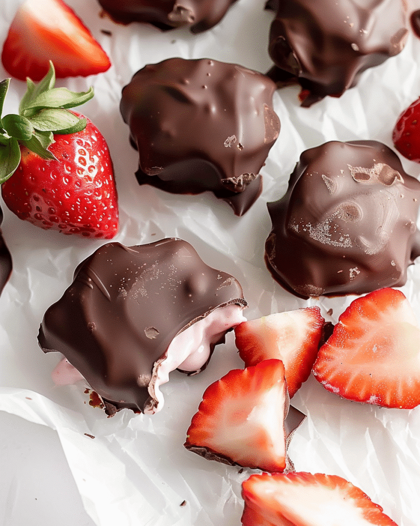 Frozen strawberries coated in creamy yogurt and dipped in smooth chocolate for a refreshing viral dessert treat