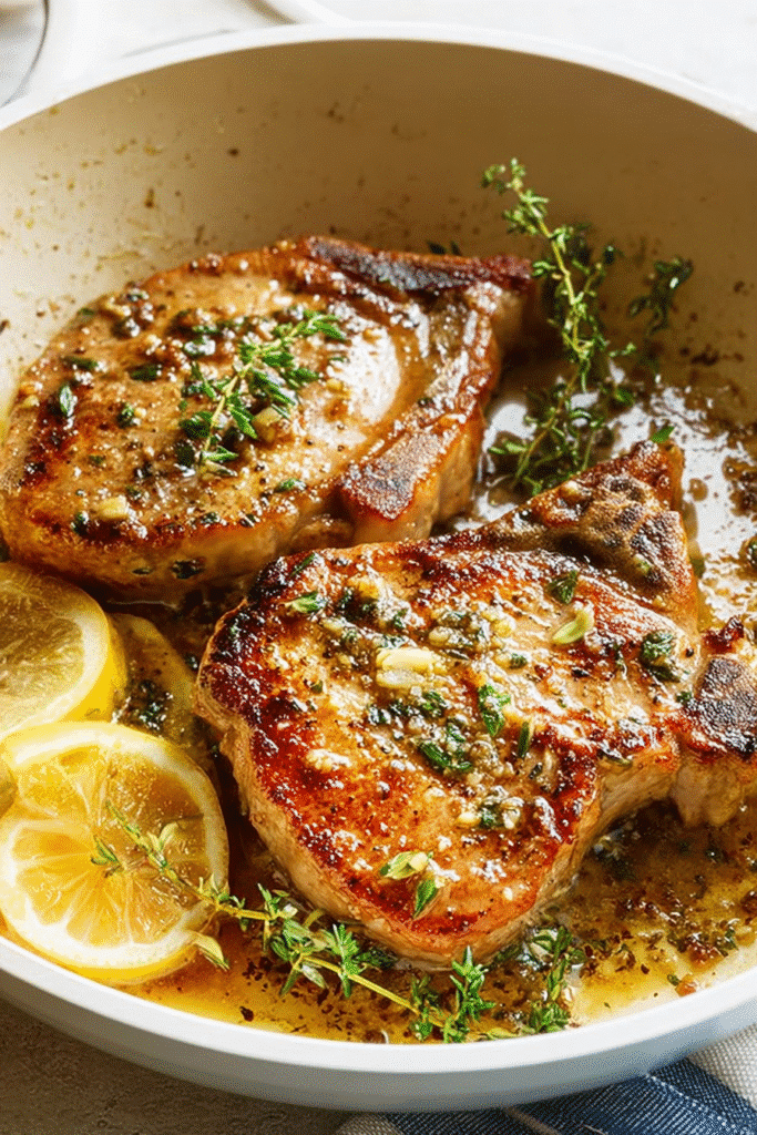Golden garlic butter pan-seared pork chops with lemon slices and fresh herbs in a rich, flavorful skillet sauce