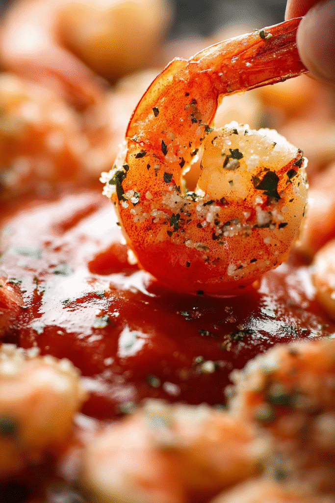 Juicy garlic parmesan roasted shrimp dipped in rich tomato sauce, seasoned with herbs and crispy parmesan crumbs