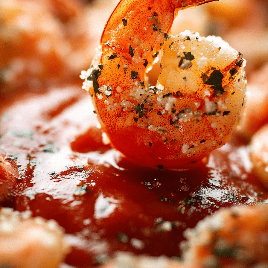 Juicy garlic parmesan roasted shrimp dipped in rich tomato sauce, seasoned with herbs and crispy parmesan crumbs