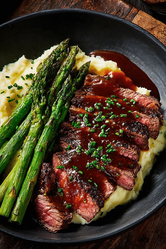 Juicy bavette steak with roasted garlic sauce served over mashed potatoes and grilled asparagus on a black plate