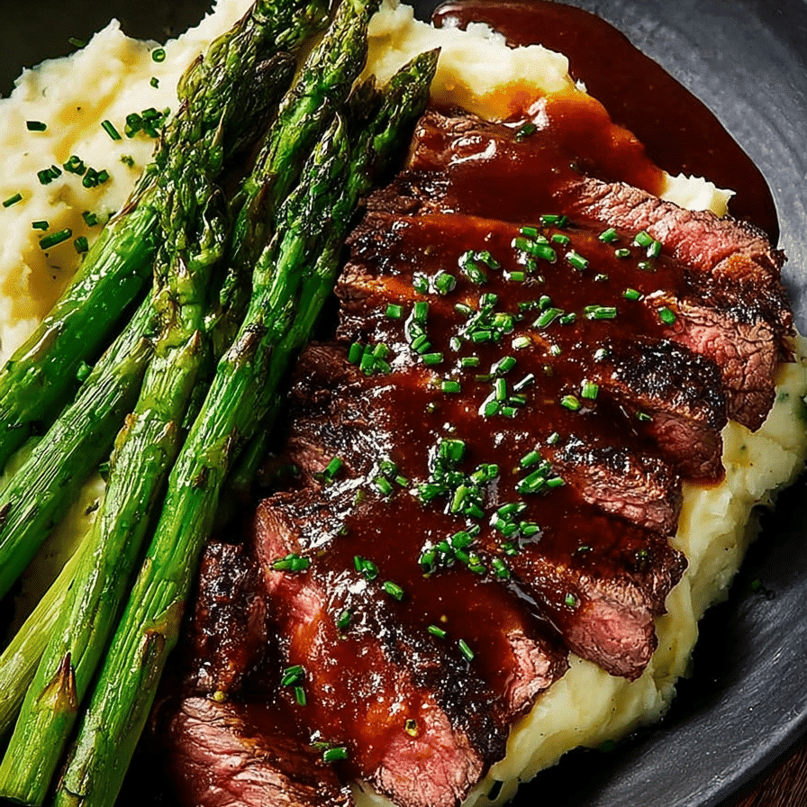 Juicy bavette steak with roasted garlic sauce served over mashed potatoes and grilled asparagus on a black plate