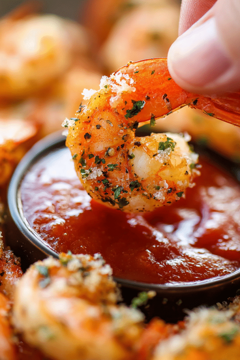 Crispy garlic parmesan roasted shrimp dipped in tangy red sauce, seasoned with herbs and served hot for appetizers