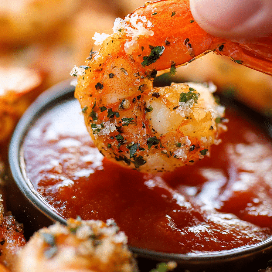 Crispy garlic parmesan roasted shrimp dipped in tangy red sauce, seasoned with herbs and served hot for appetizers