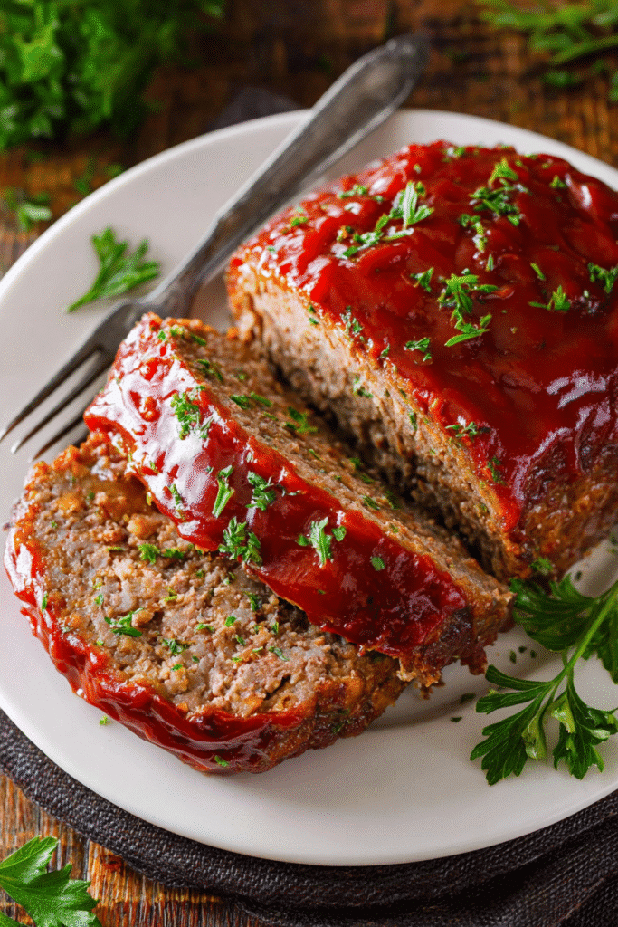 Juicy glazed meatloaf topped with rich tomato glaze and fresh parsley slices on a white plate ready to serve for dinner