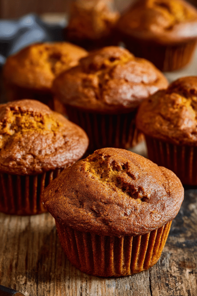 Moist gluten free pumpkin muffins baked to golden perfection, fluffy inside and rich with warm pumpkin spice flavor