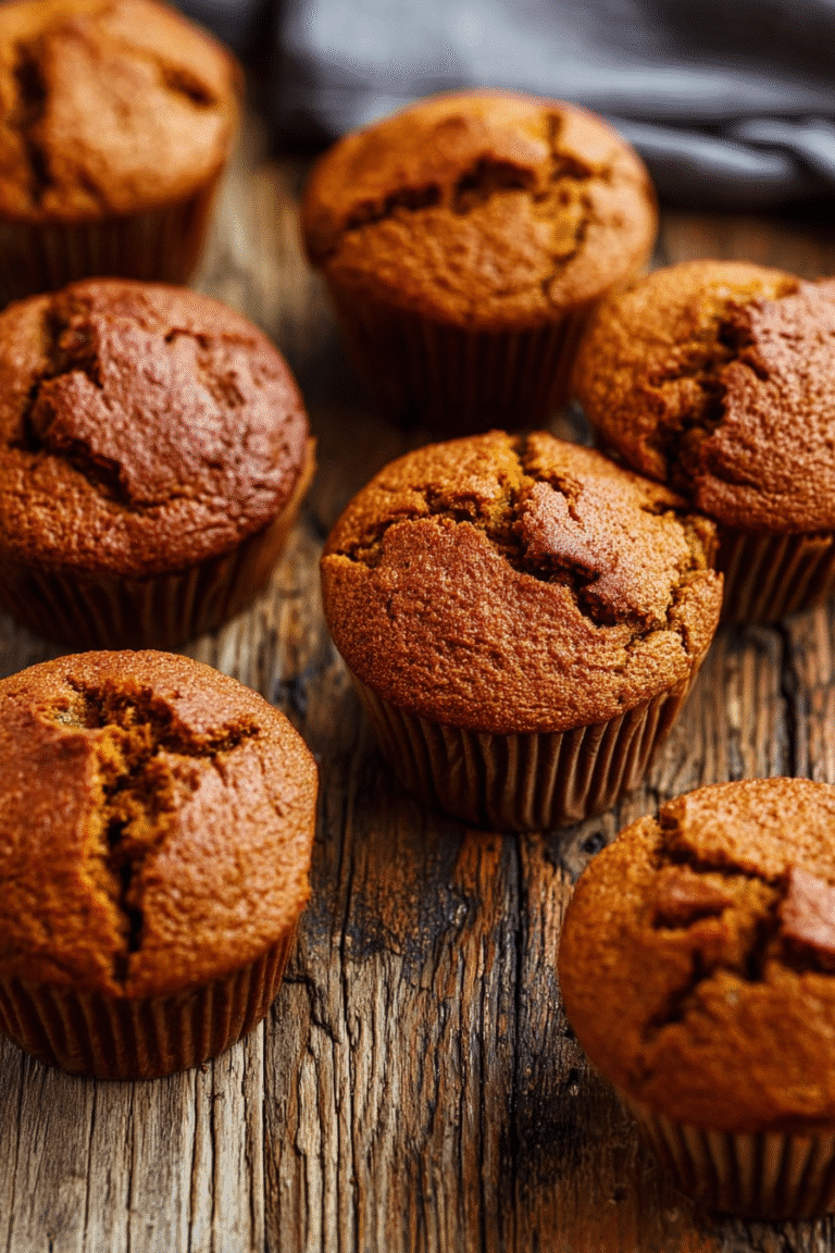 Golden gluten free pumpkin muffins cooling on rustic wooden table, fluffy texture and rich pumpkin spice aroma