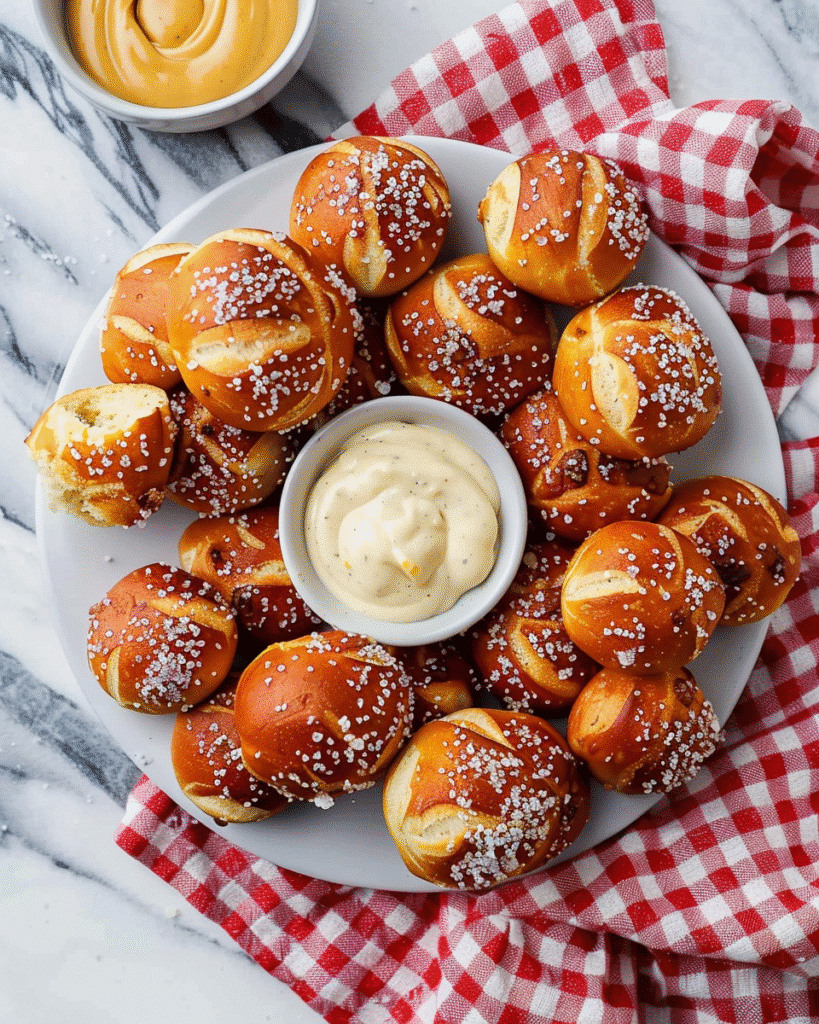 Soft golden pretzel bites topped with salt, served on a plate with creamy cheese dip and red checkered napkin