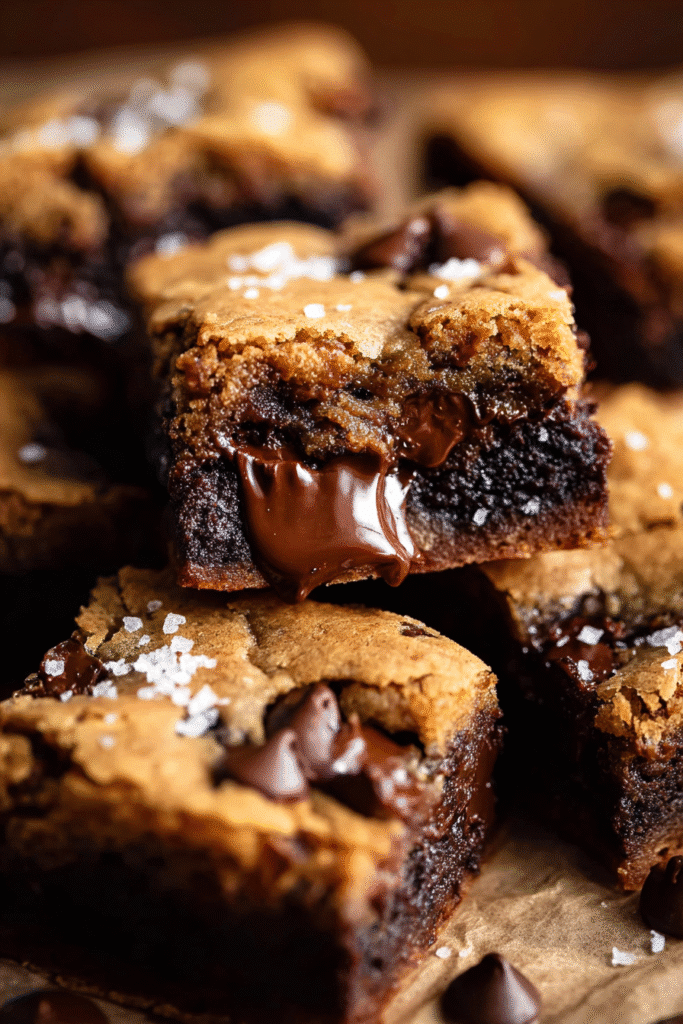 Gooey chocolate chip cookie brownies with melted chocolate center, rich layers, and a sprinkle of sea salt on top